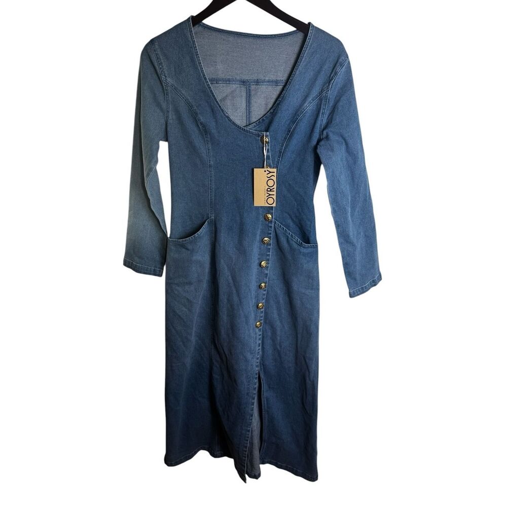 OYROSY V-neck Single-breasted Side-slit Denim Long-sleeved Maxi Dress NWT S - Picture 2 of 5